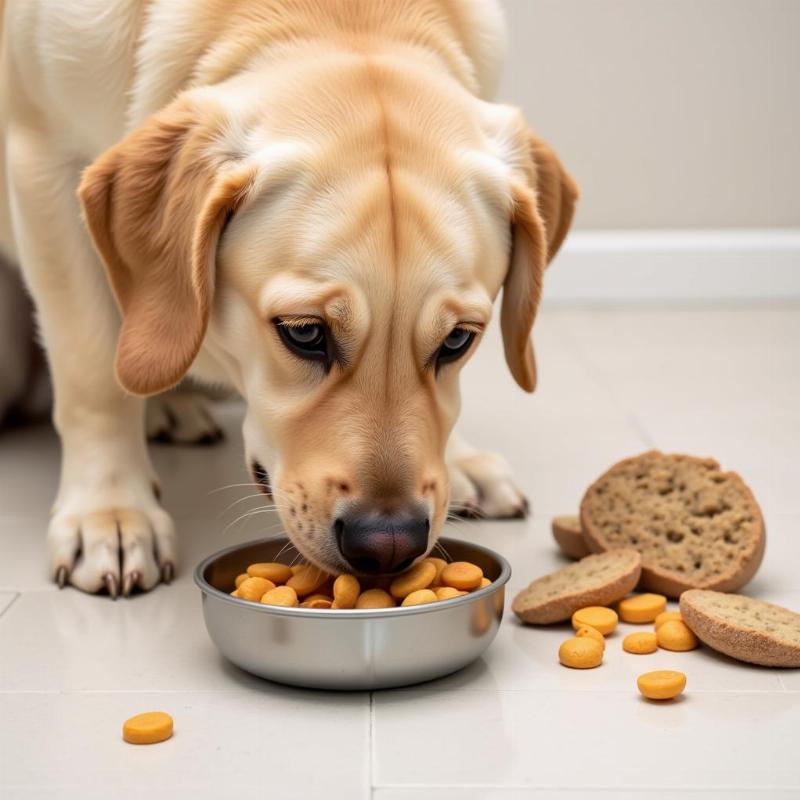 A senior Labrador Retriever transitioning to a new type of food