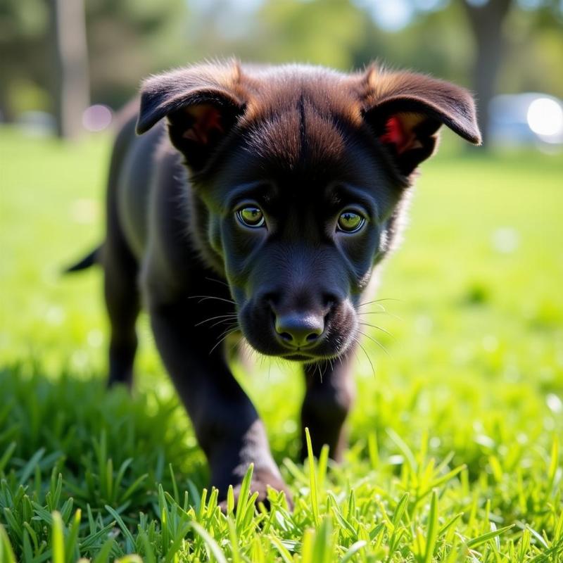 Solid Black German Shepherd Puppy playing in the grass