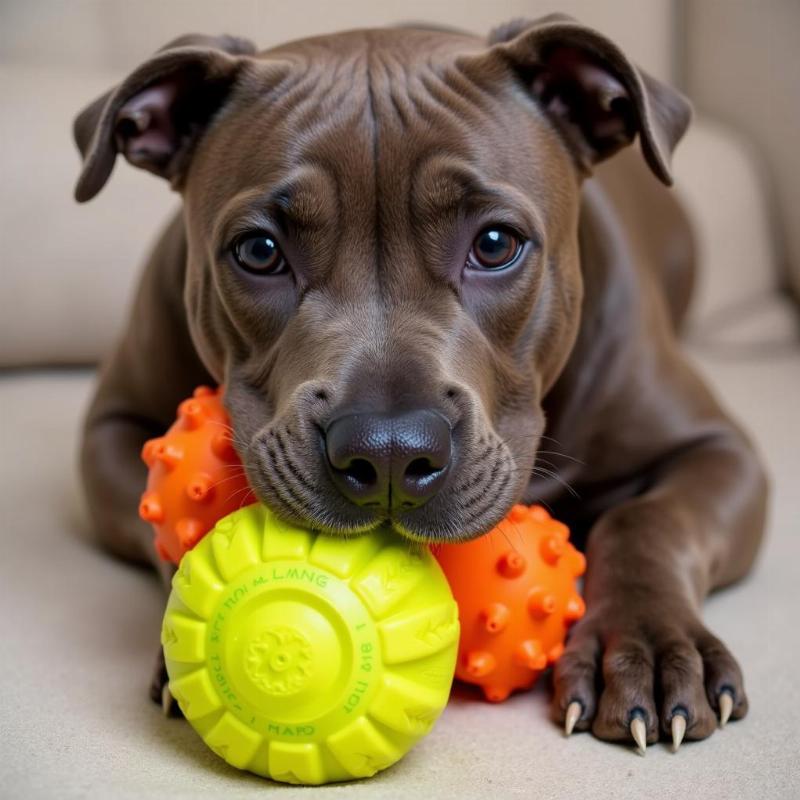 Staffordshire Bull Terrier chewing on a rubber toy