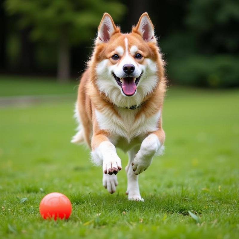 Tamaskan dog playing fetch in a park