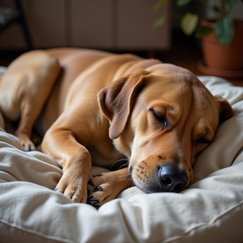 Tired dog sleeping peacefully in its bed