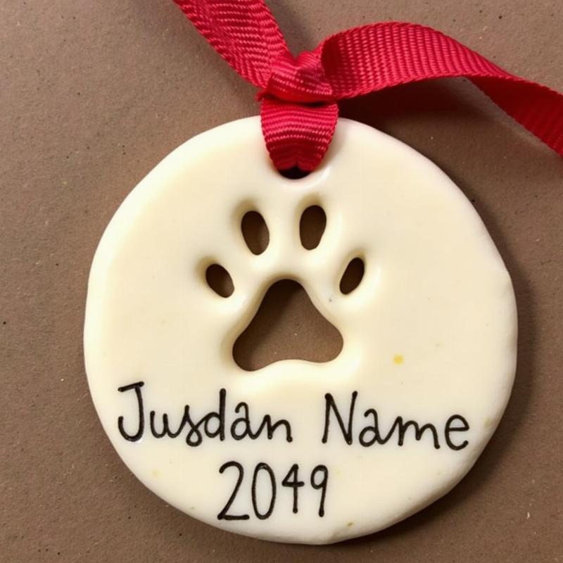 DIY Christmas ornament with dog paw print - A handcrafted salt dough ornament featuring a dog's paw print, personalized with the family name and year, creating a unique and cherished Christmas keepsake.