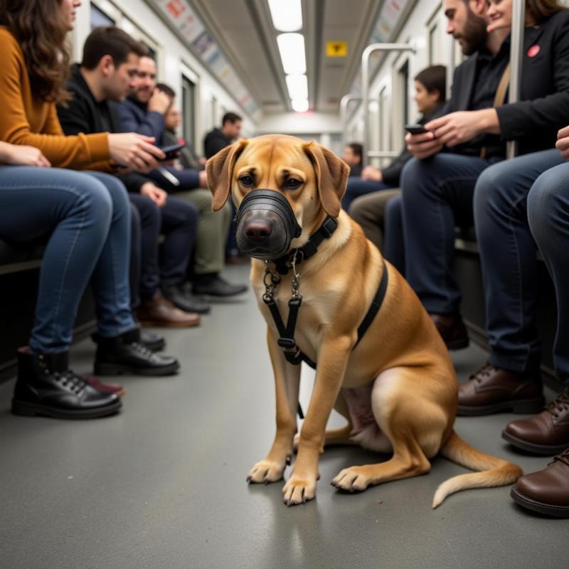 Dog on the TTC with leash and muzzle