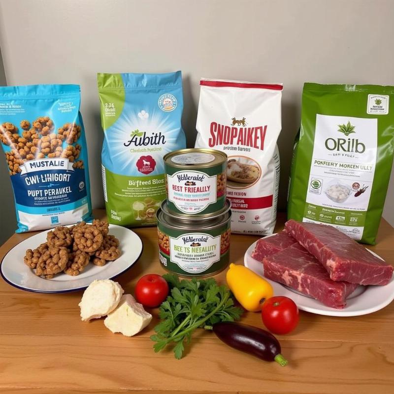 A display of various dog food options including dry kibble, wet food cans, and raw ingredients