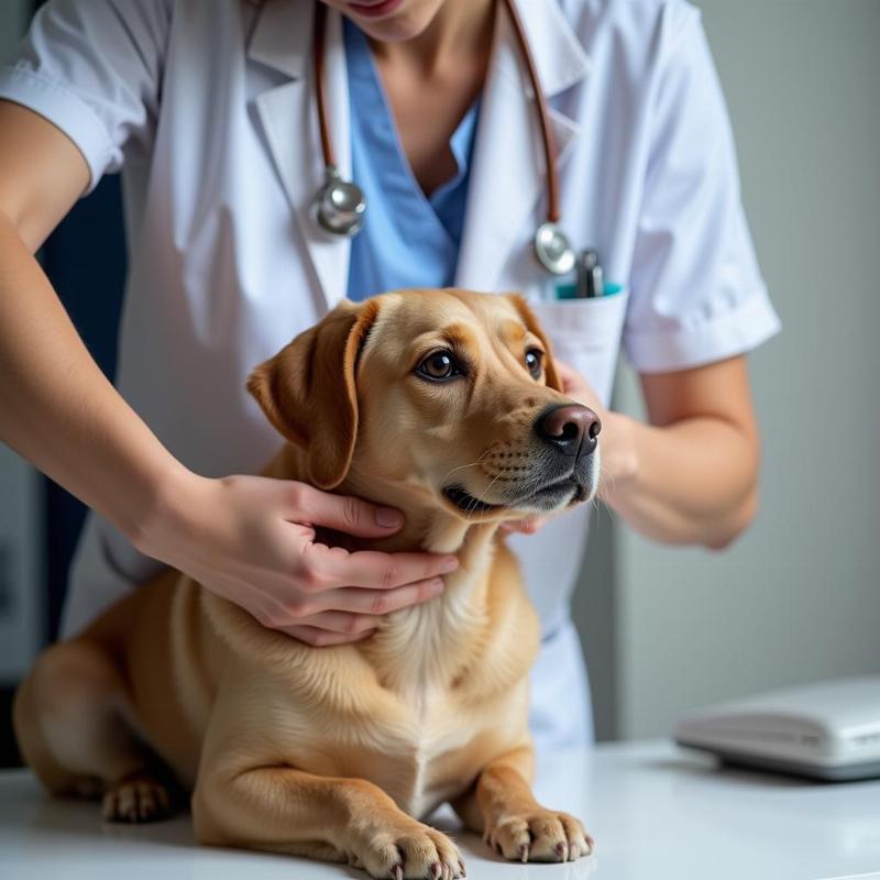 Veterinarian examining a dog after a medication incident