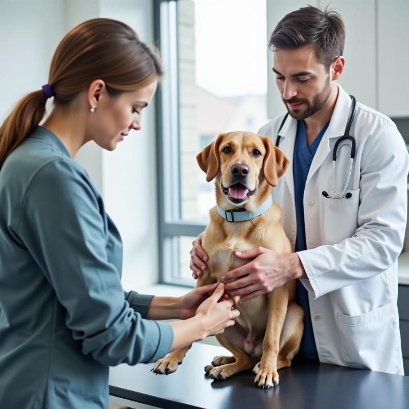 Veterinarian examining a dog for pain