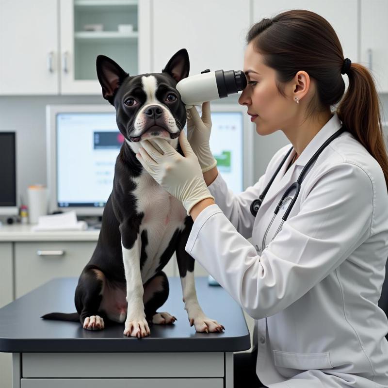 Veterinarian examining a Boston Terrier's eyes