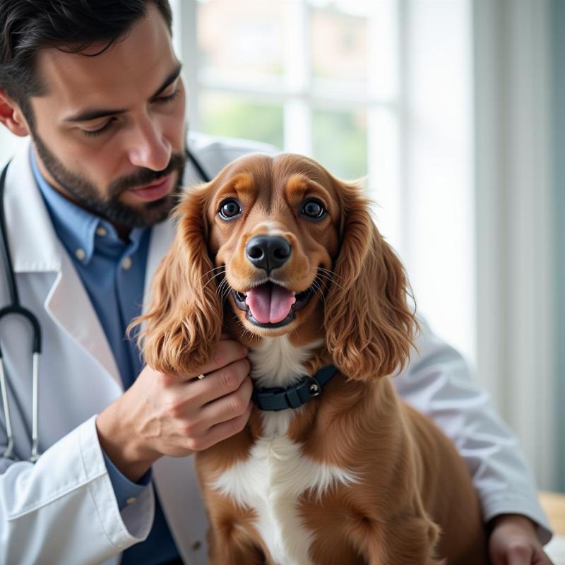 A veterinarian examines a Cocker Spaniel in a clinic setting.