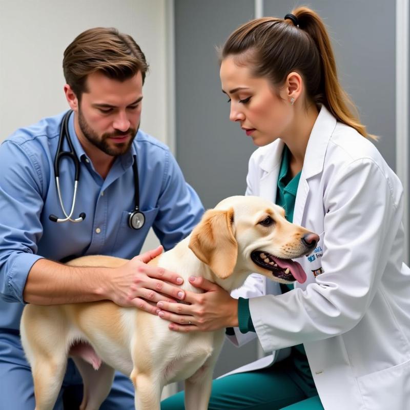 Veterinarian Conducting a Pain Assessment on a Dog