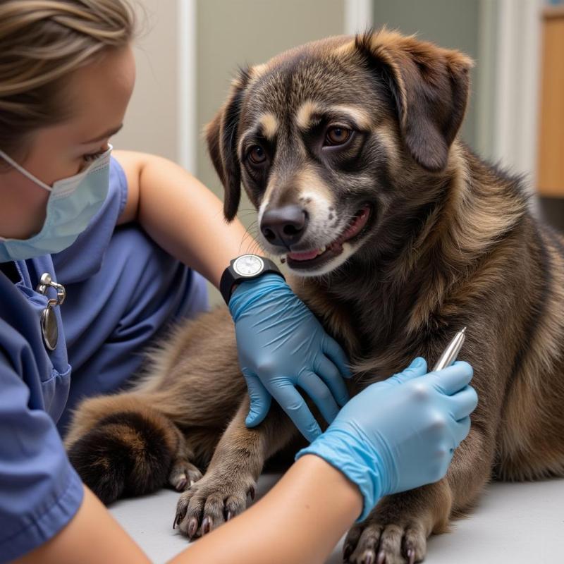 Veterinarian examining a dog after a raccoon bite