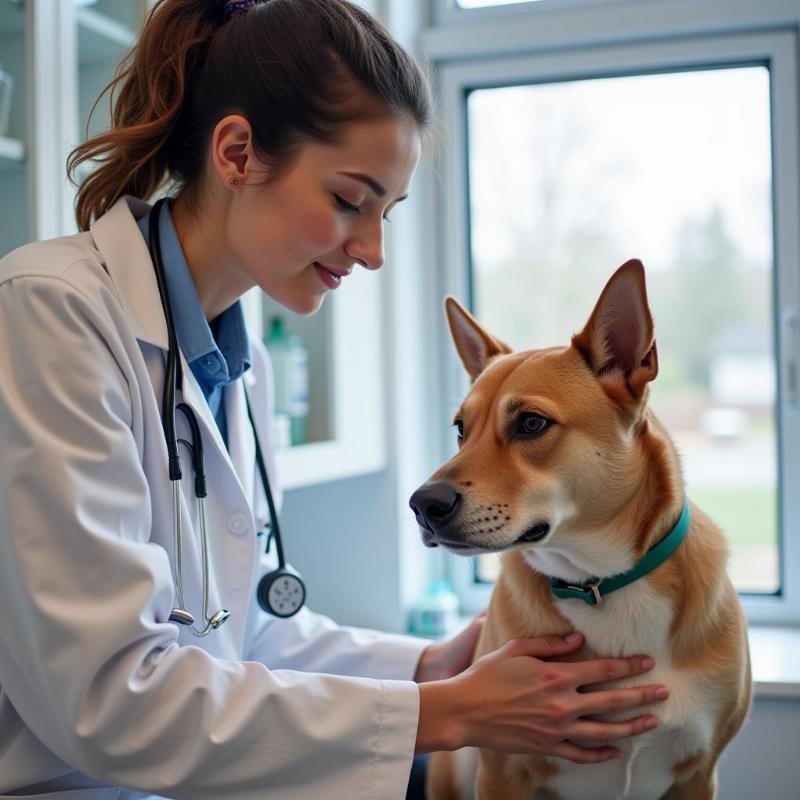 Veterinarian examining a dog to assess gut health.