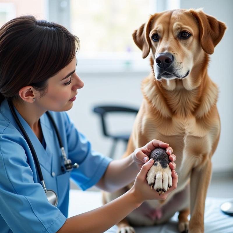 Veterinarian examining an injured dog's paw