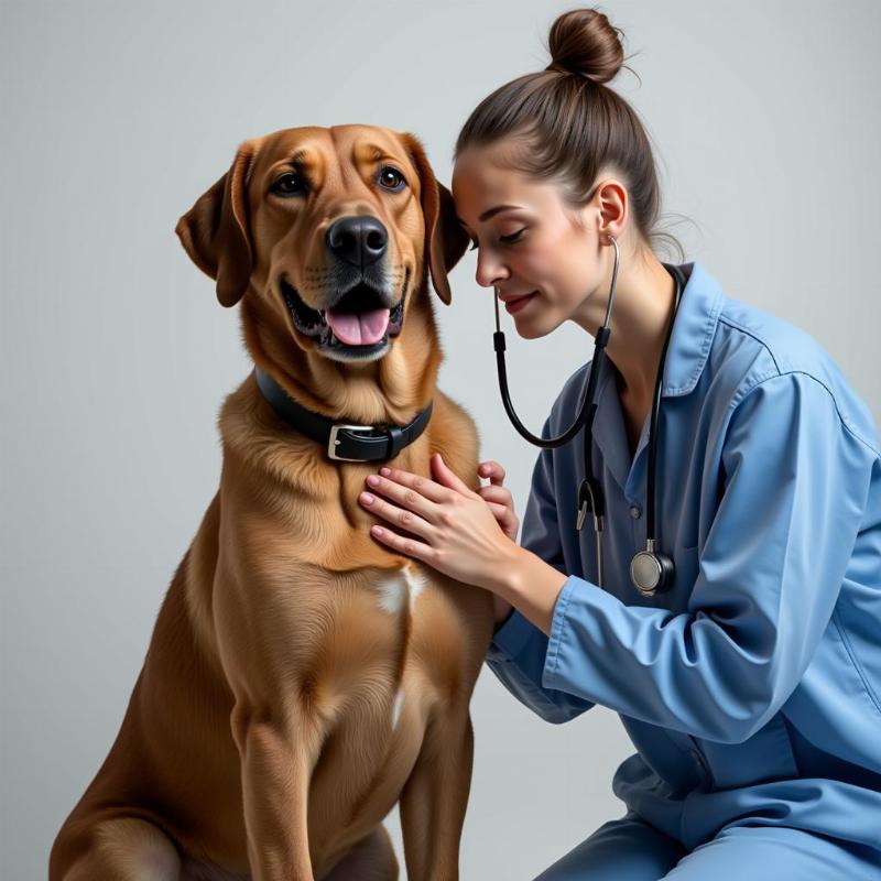 A veterinarian examining a large breed dog