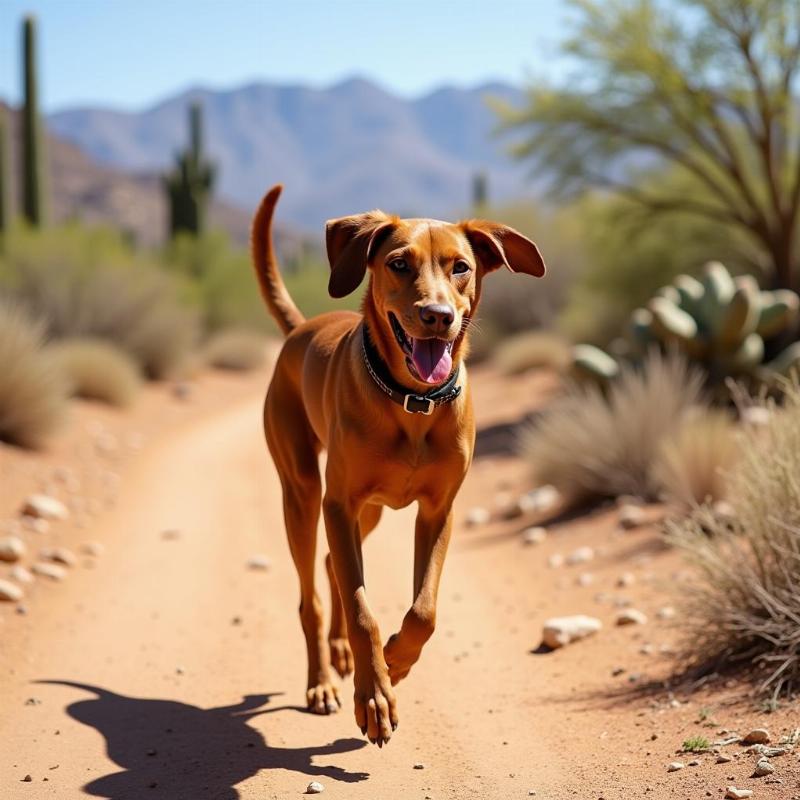 Vizsla hiking on a desert trail