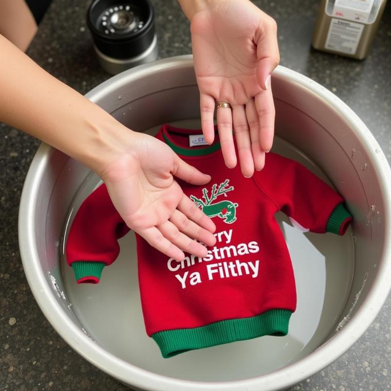 Washing a dog Christmas sweater