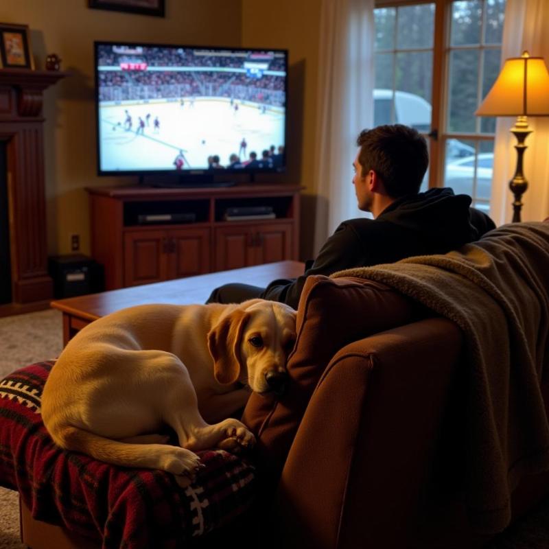 Watching the Fairbanks Ice Dogs game at home with your furry friend.