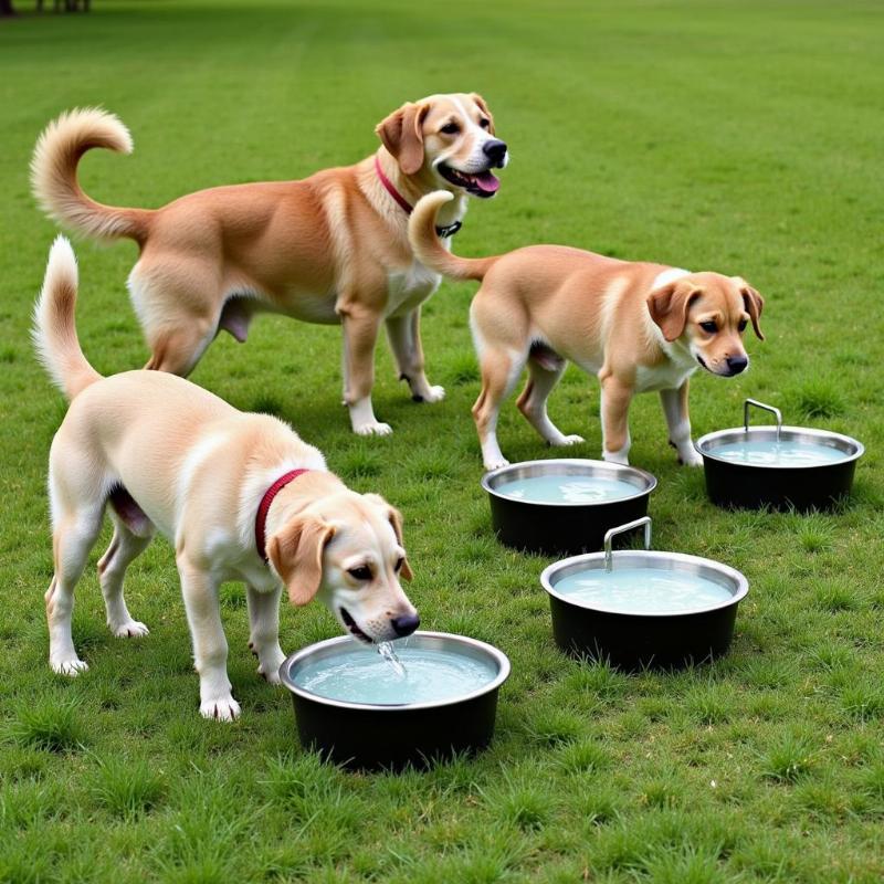 Multiple water bowls at a dog-friendly event