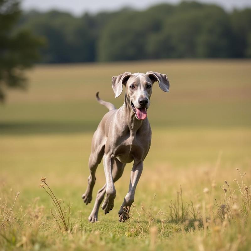 A Weimaraner running in a field