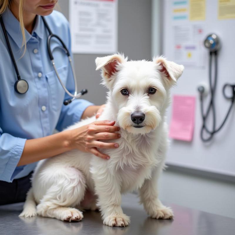 A West Highland White Terrier at the vet's office