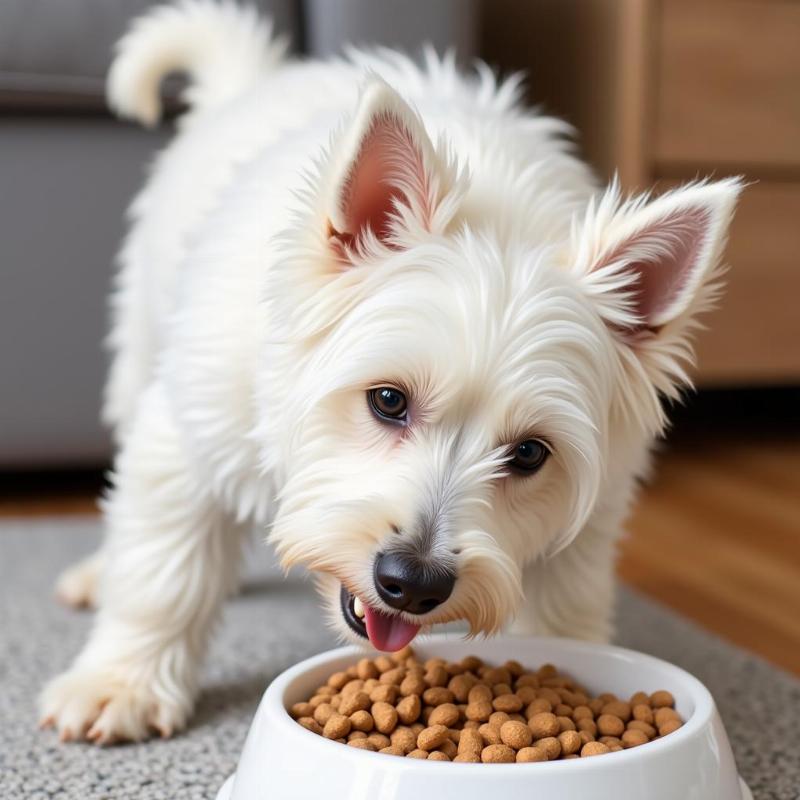 West Highland White Terrier eating kibble