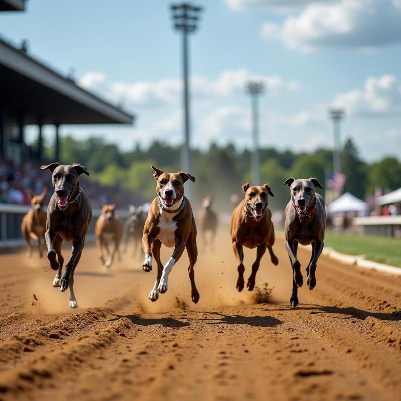 Dogs racing towards the finish line at Wheeling Downs