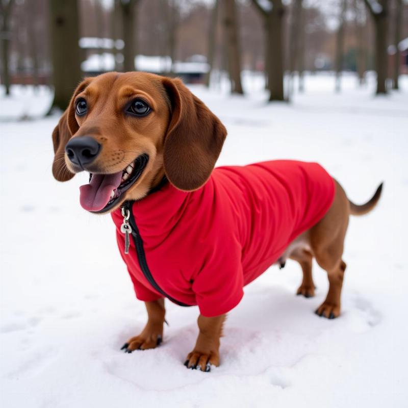 A dachshund wearing a winter coat in the snow