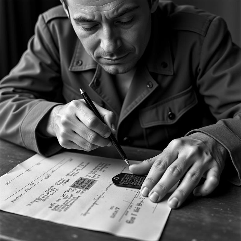 World War 2 Soldier Using Carbon Paper to Copy Information from Dog Tag