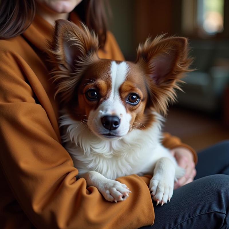 Adult Papillon being cuddled in a Michigan home.