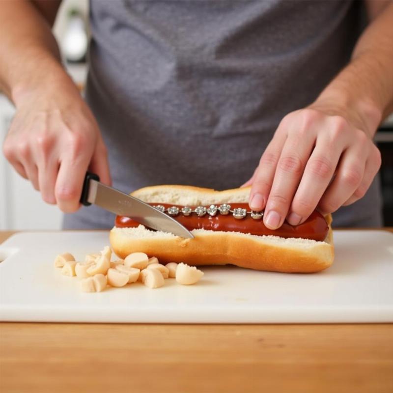 Cutting a hot dog into bite-sized pieces for someone with braces