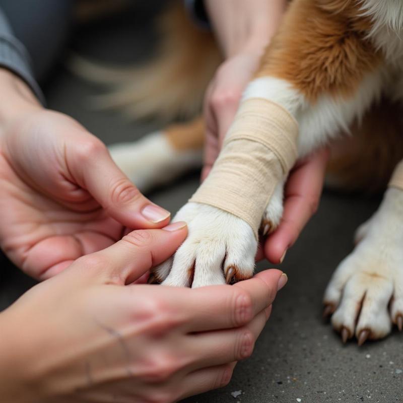 Applying Bandage to Dog Paw