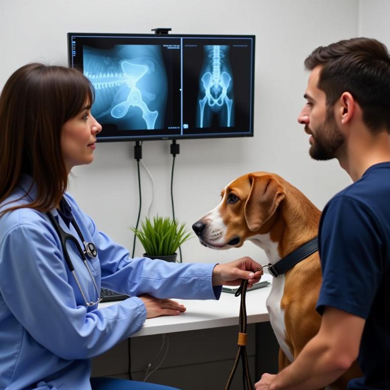 Veterinarian explaining x-ray results to dog owner