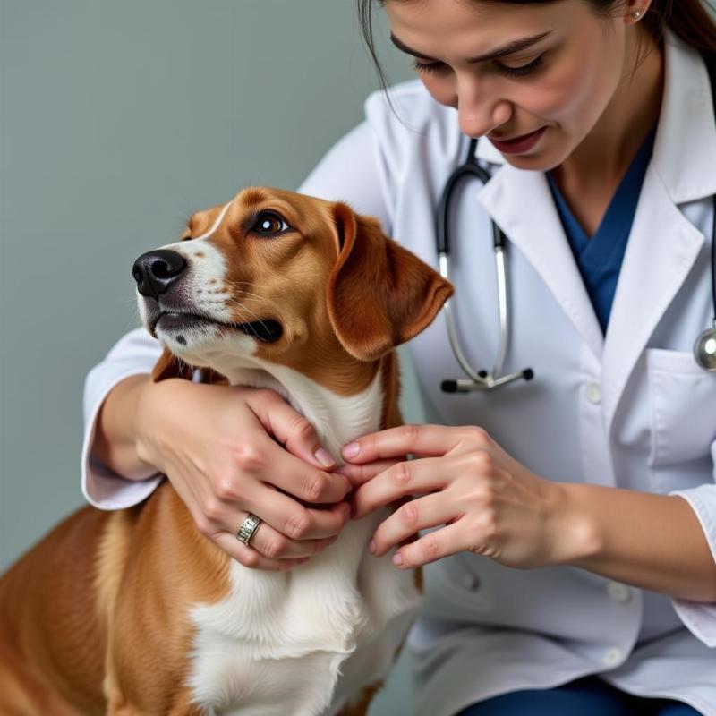 Vet checking dog with dry skin