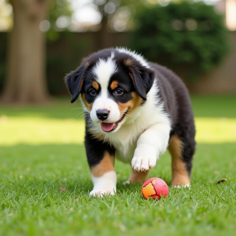 Berner Corgi playing fetch