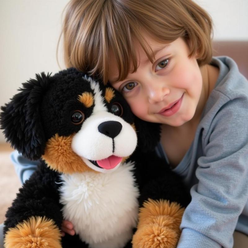 A Child Hugging a Bernese Mountain Dog Plush Toy