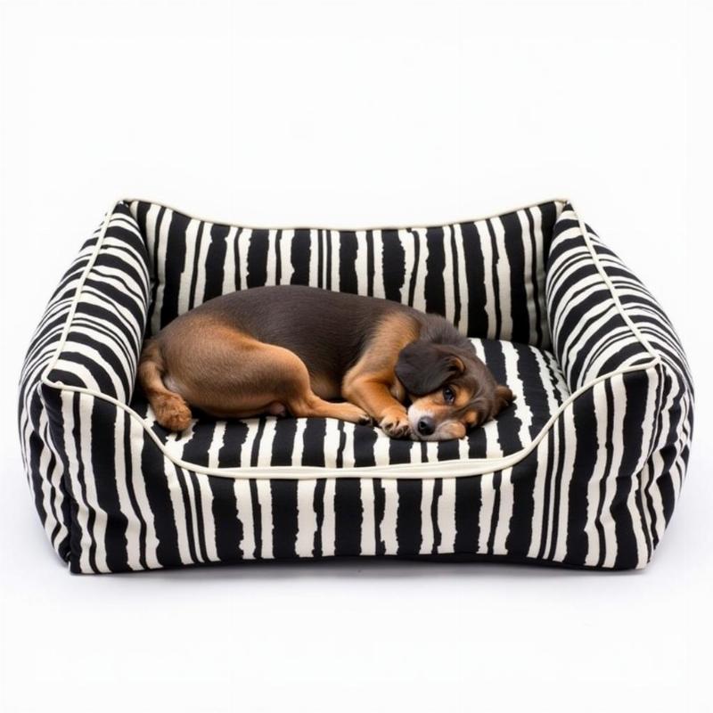 Black and white striped dog bed with bolster