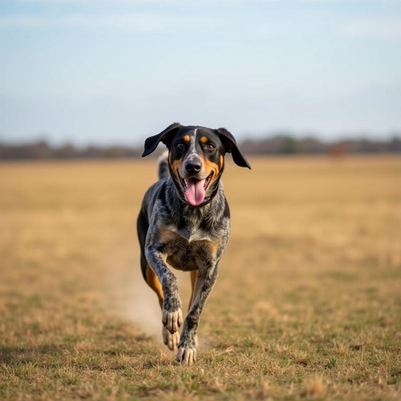 Blue Tick Hound running in a field