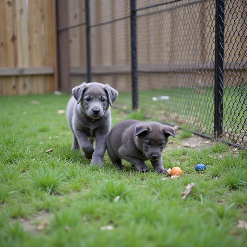 Blue wolf dog puppy playing in a fenced yard