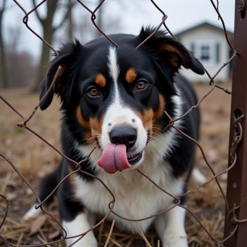 Bored dog licking a metal fence