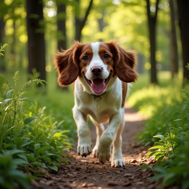 Brittany Spaniel running on a forest trail