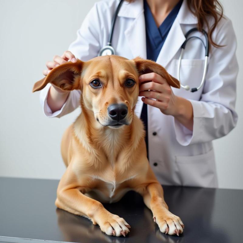 Brown Dog with Pointy Ears Receiving a Vet Checkup