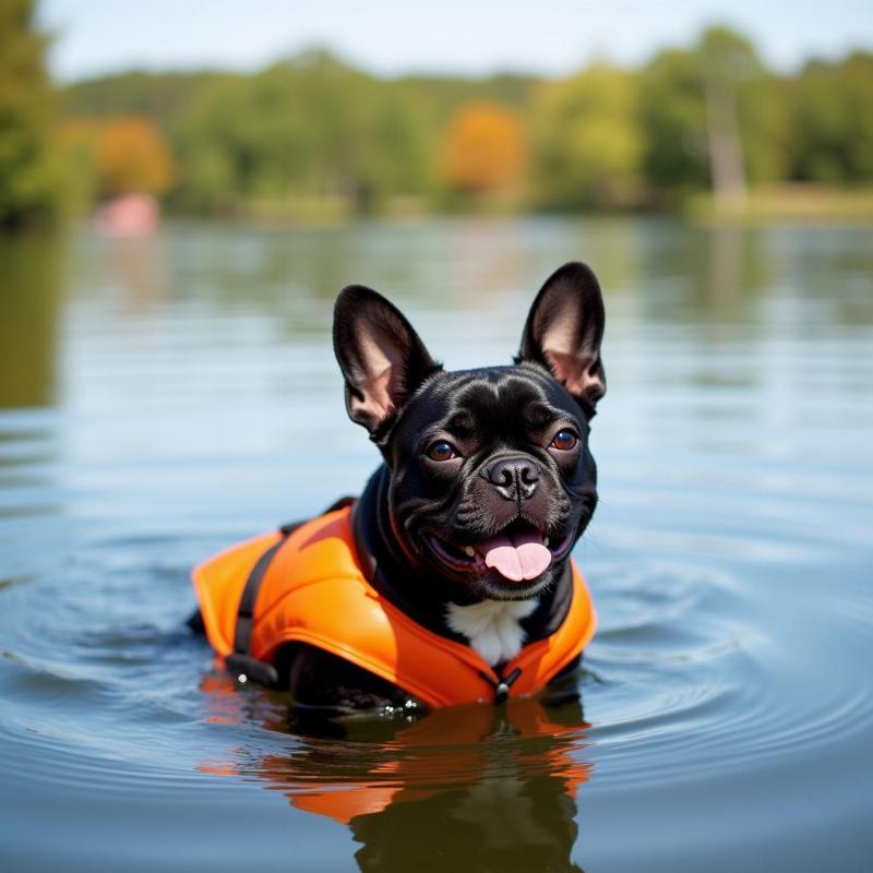 French bulldog swims with life jacket