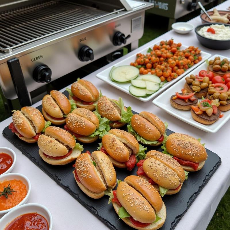 Burger and hot dog catering setup.