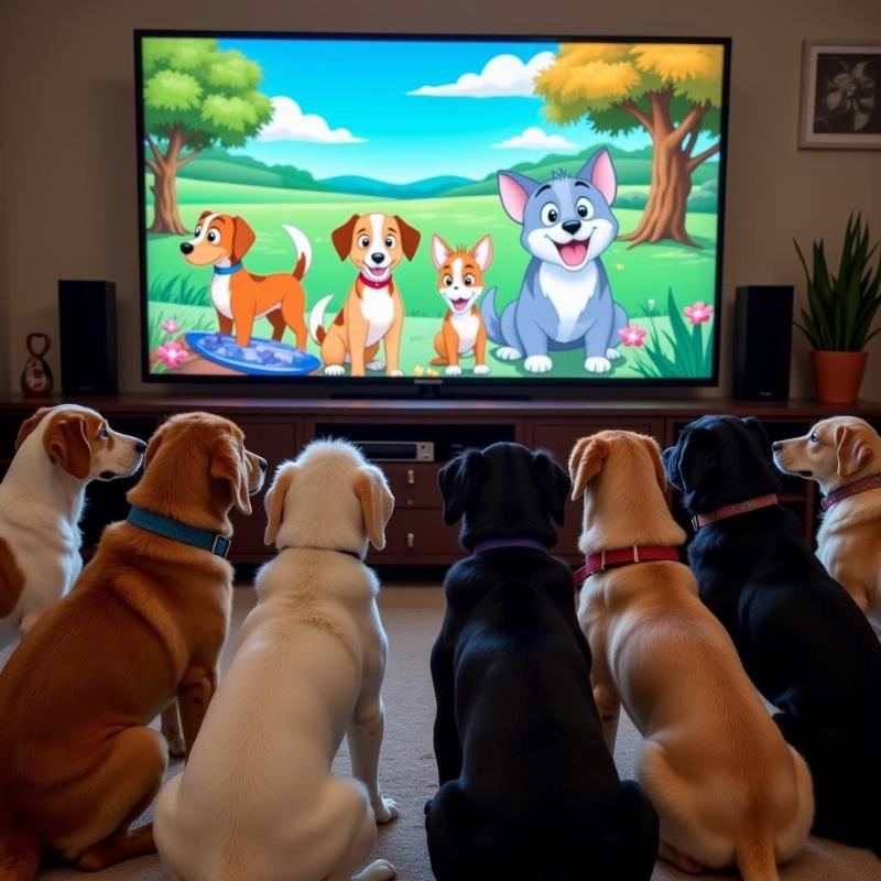 Several dogs watching a cartoon on a large TV screen.