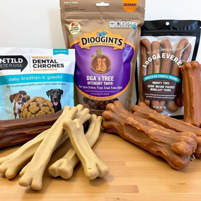 Assorted dog treats and chew toys