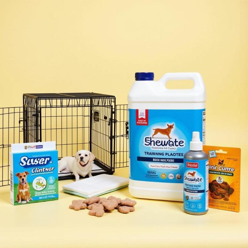 Various potty training aids for dogs, including potty pads, enzymatic cleaner, and a crate.