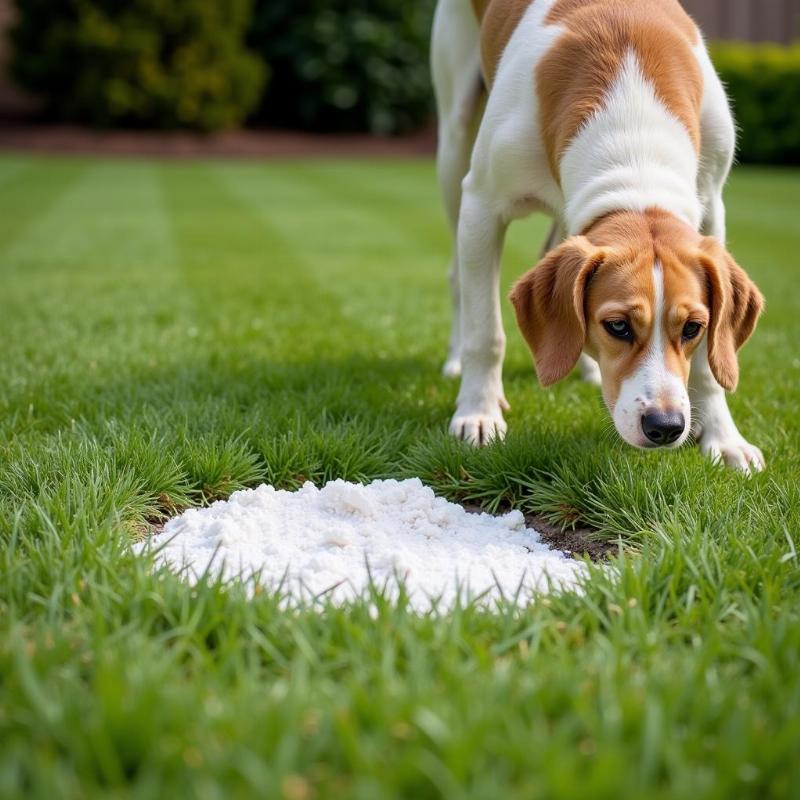 Dog near a lawn treated with calcium carbonate