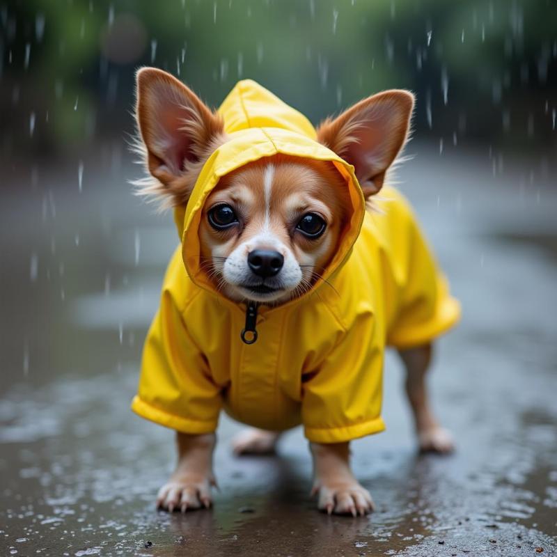 Chó Chihuahua đi dạo dưới trời mưa