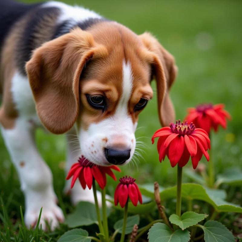 Dog eating love lies bleeding plant