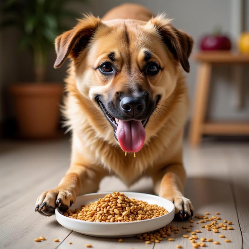 Dog eating pumpkin seeds