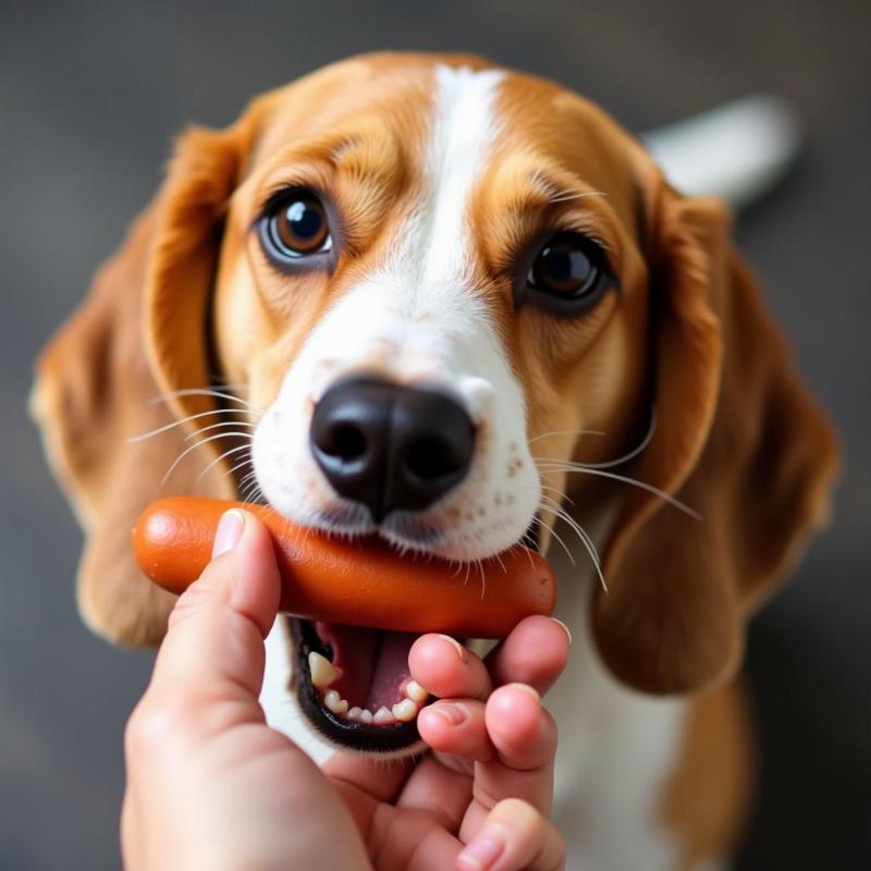 Dog eating hot dog